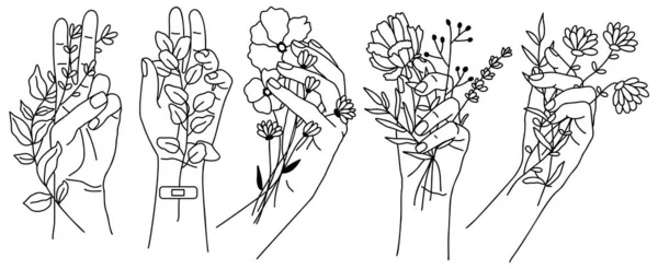 带花束的矢量线艺术之手 — 图库矢量图片