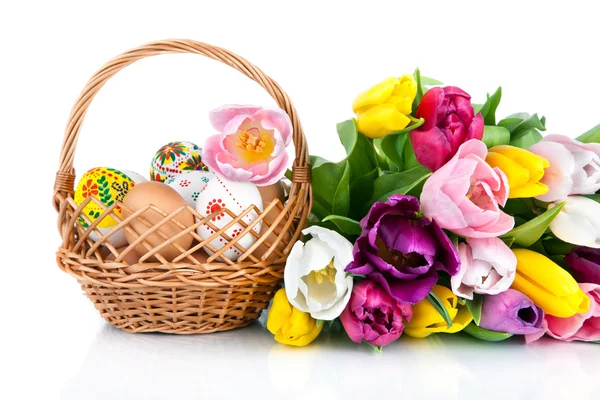 Easter egg decoration in basket and tulip flowers isolated on wh — Stock Photo, Image