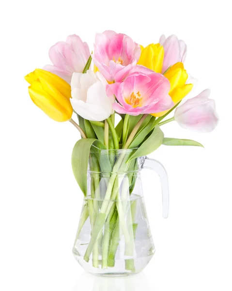 Bouquet of beautiful tulips flowers in vase isolated on white — Stock Photo, Image