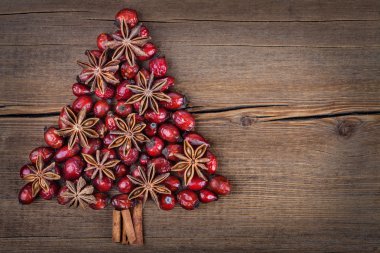Kerstboom gemaakt van kaneel, anijs en hond-rose. van boven gezien