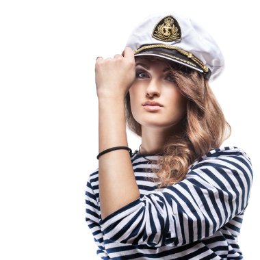 Deniz tepe-kap ve sökülen yelek genç güzel çok güzel kadın. Kız - kaptanın seksi denizci t-shirt. Stüdyo vurdu.