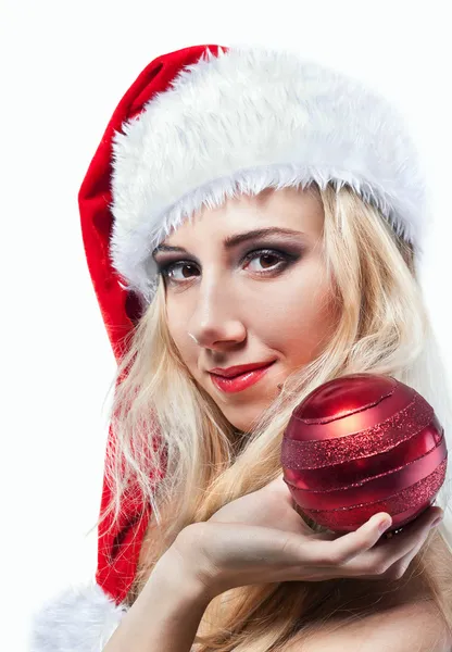Schöne Frau im Weihnachtsmann-Kostüm — Stockfoto