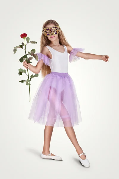 Happy little young beautiful dancer girl posing in white dress ballerina isolated on white background. Studio shooting — Stock Photo, Image