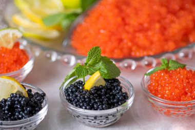 Bir sürü kırmızı ve siyah havyar. Cam kase ve elit somon havyarlı beyaz kaşıklar ve buzda tuzlu siyah Beluga mersin balığı yumurtası. Limonlu aperatifler, limonlu. Lezzetli aperatif. Şenlikli yemek. Lüks lezzetli yiyecekler.