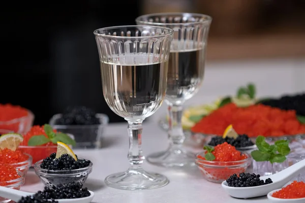 Caviar Two Glass White Wine Champagne Tasting Salmon Red Caviar — Stock Photo, Image