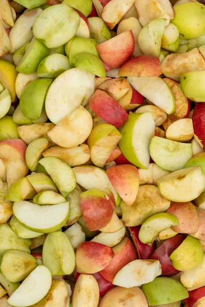 Frische Äpfel Ernten Hintergrund Scheiben Geschnittene Rote Und Gelbe Apfelkeile — Stockfoto