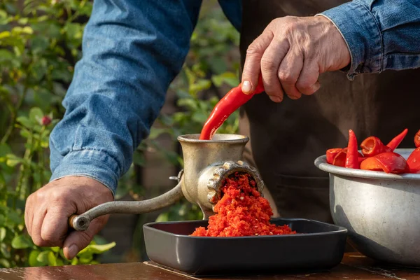 Sebze Sosu Yapıyorum Kırmızı Biberin Mekanik Gıcırtısı Tatlı Dolma Biber — Stok fotoğraf