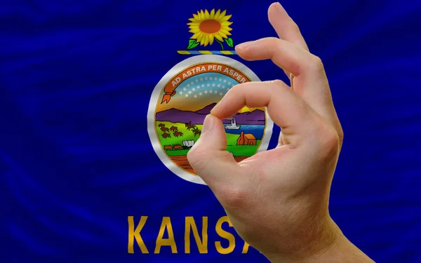 Ok gesto davanti al Kansas noi bandiera di stato — Foto Stock