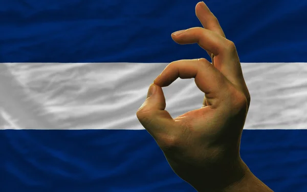 Ok gesto frente a la bandera nacional de nicaragua — Foto de Stock