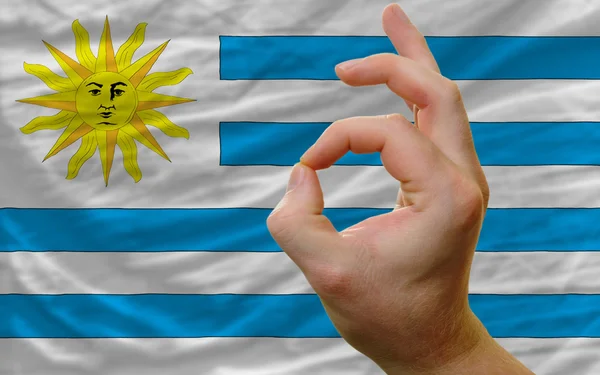 Ok geste devant le drapeau national uruguay — Photo