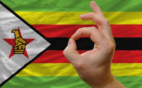 Ok geste devant le drapeau national zimbabwe — Photo