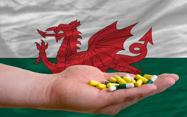 Tenendo le pillole in mano davanti alla bandiera nazionale wales — Foto Stock