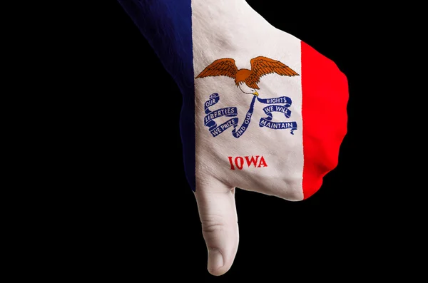 Iowa nosotros bandera del estado pulgares abajo gesto por el fracaso hecho con han — Foto de Stock