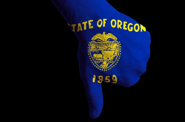 Oregon us state flag thumbs down gesture for failure made with h — Stock Photo, Image