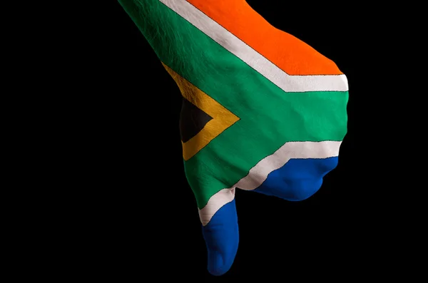 Südafrikanische Nationalflagge zeigt Daumen nach unten Geste des Scheiterns gemacht — Stockfoto