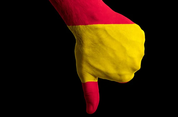 Spaniens Nationalflagge zeigt Daumen nach unten Geste für Versagen mit ha gemacht — Stockfoto