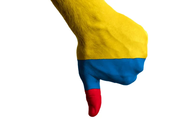 Kolumbianische Nationalflagge zeigt Daumen nach unten Geste für Versagen gemacht mit — Stockfoto