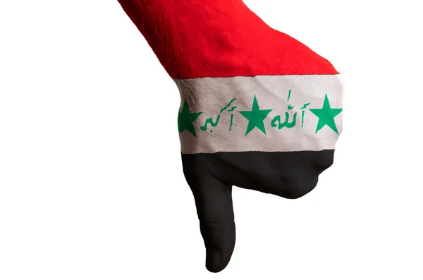 Irakische Nationalflagge zeigt Daumen nach unten Geste für Versagen mit han gemacht — Stockfoto