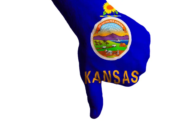 Kansas us state flag thumbs down gesture for failure made with h — Stock Photo, Image