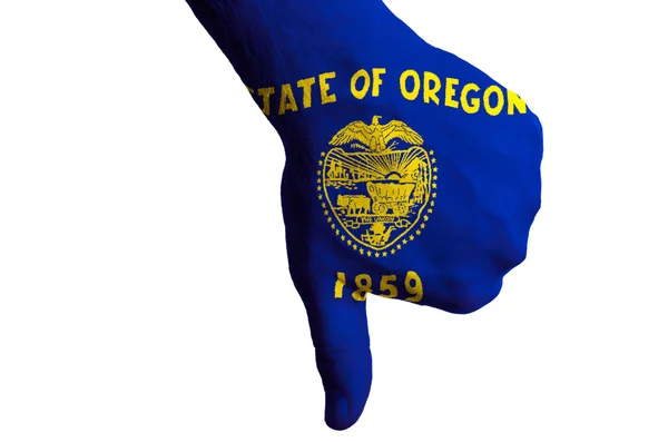 Oregon us state flag thumbs down gesture for failure made with h — Stock Photo, Image