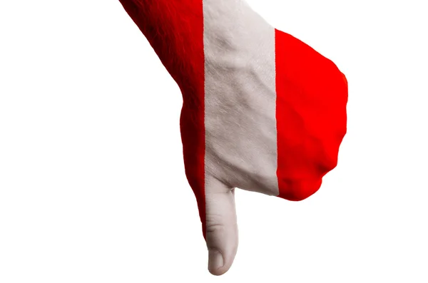 Peru national flag thumb down gesture for failure made with hand — Stock Photo, Image