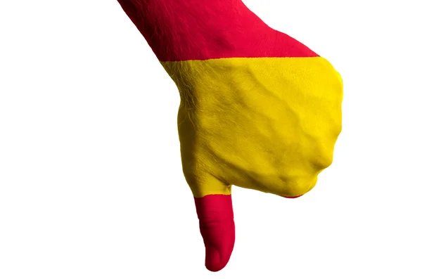 Spaniens Nationalflagge zeigt Daumen nach unten Geste für Versagen mit ha gemacht — Stockfoto