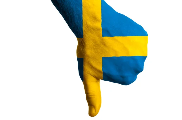 Sweden national flag thumb down gesture for failure made with ha — Stock Photo, Image