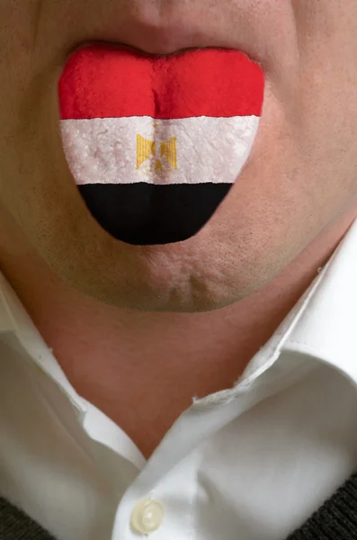 Język człowieka malowane w Egipcie flaga symbolizuje wiedzy do spe — Zdjęcie stockowe