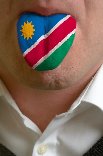 Langue de l'homme peint en drapeau namibien symbolisant à la connaissance à s — Photo