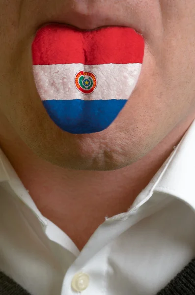 Langue de l'homme peint en drapeau paraguay symbolisant à la connaissance de — Photo