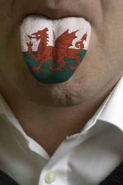 man tongue painted in wales flag symbolizing to knowledge to spe clipart