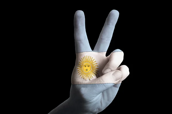 Argentina national flag two finger up gesture for victory and wi — Stock Photo, Image