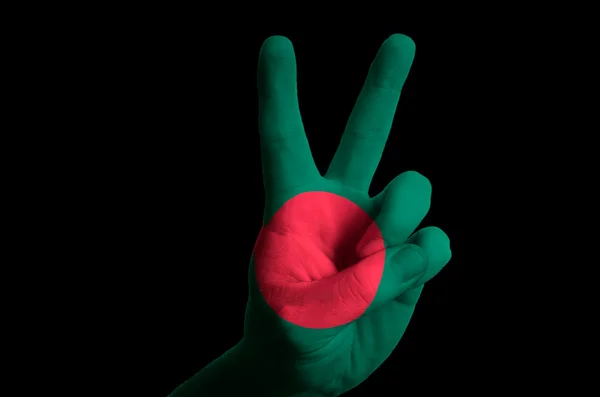 Bangladesh flagga två finger upp gest för seger och — Stockfoto