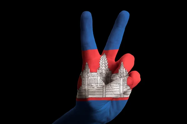 Cambodia bandera nacional de dos dedos hacia arriba gesto de victoria y ganar —  Fotos de Stock