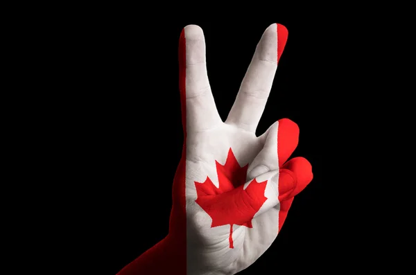 Canada national flag two finger up gesture for victory and winne — Stock Photo, Image