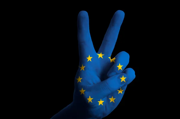 Europa bandera nacional dos dedo hacia arriba gesto de victoria y ganar — Foto de Stock
