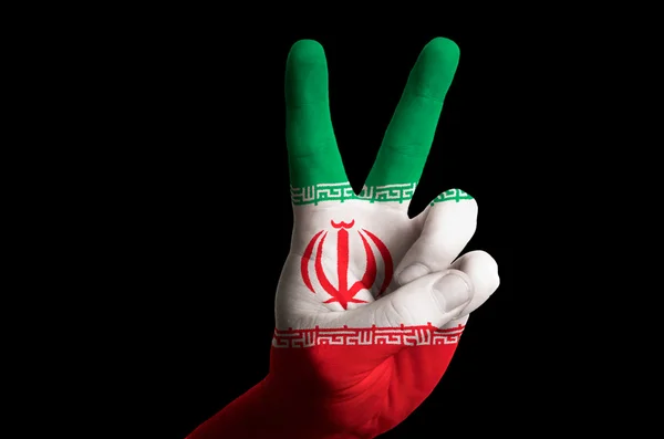 Iran bandeira nacional dois dedo para cima gesto para a vitória e vencedor — Fotografia de Stock