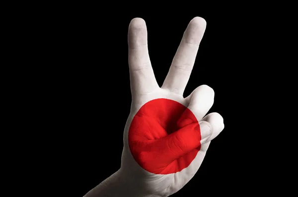 Japan national flag two finger up gesture for victory and winner — Stock Photo, Image