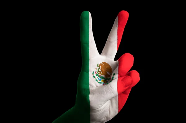 Bandera nacional de México dos dedo hacia arriba gesto de victoria y winne — Foto de Stock