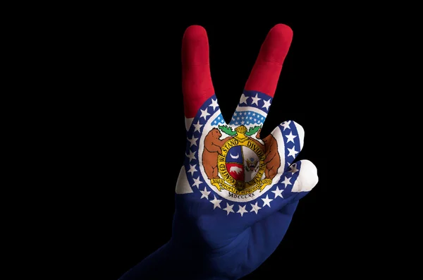 Missouri nous drapeau de l'État deux doigt vers le haut geste pour la victoire et gagner — Photo