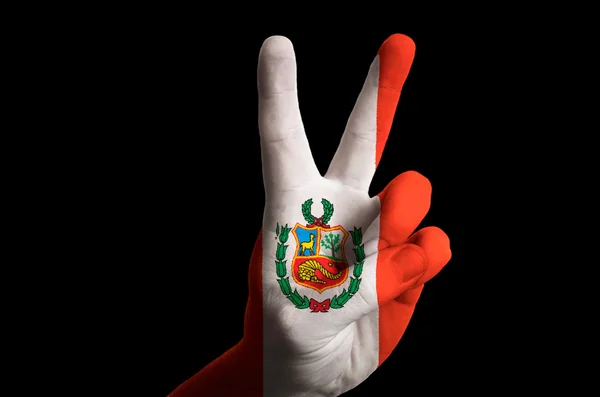 Peru national flag two finger up gesture for victory and winner — Stock Photo, Image