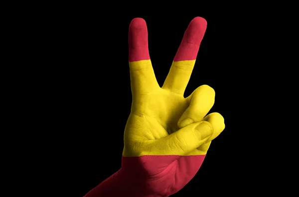 Bandera nacional de España dos dedos hacia arriba gesto de victoria y ganador — Foto de Stock