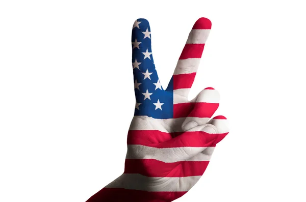 America national flag two finger up gesture for victory and winn — Stock Photo, Image