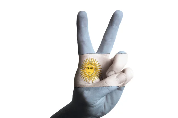 Argentina national flag two finger up gesture for victory and wi — Stock Photo, Image