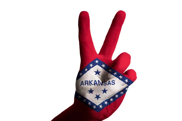 Arkansas us state flag two finger up gesture for victory and win — Stock Photo, Image