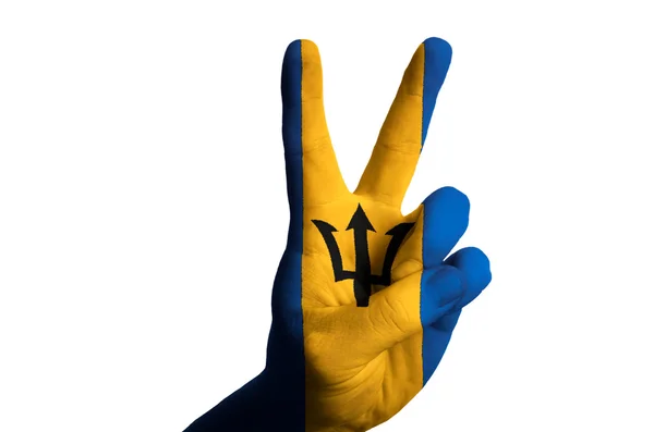 Barbados bandeira nacional dois dedo para cima gesto para a vitória e ganhar — Fotografia de Stock