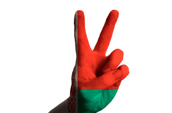 Belarus national flag two finger up gesture for victory and winn — Stock Photo, Image