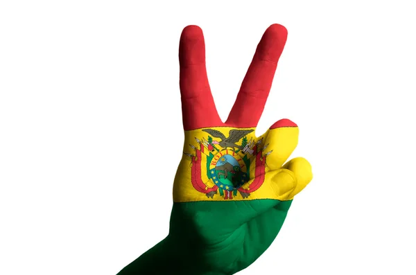 Bolivia national flag two finger up gesture for victory and winn — Stock Photo, Image