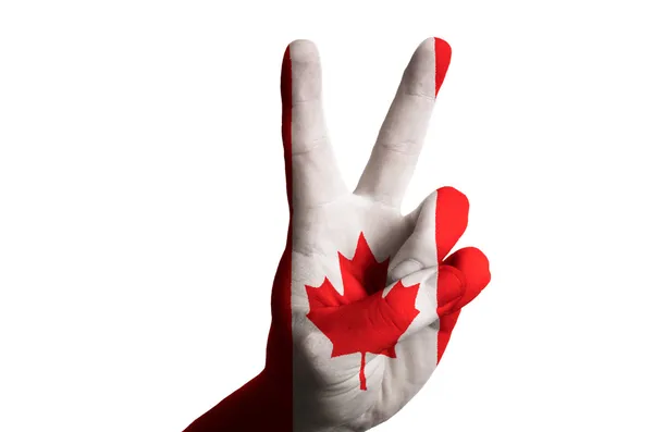 Canada nationale vlag twee vinger omhoog gebaar voor overwinning en winne — Stockfoto