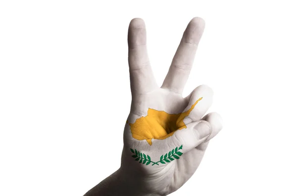 Cyprus national flag two finger up gesture for victory and winne — Stock Photo, Image